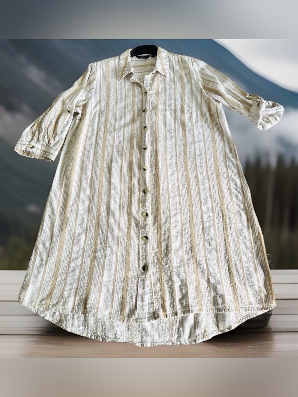 Mlle Gabrielle Roll Tab Shirt Dress Sz 2X 💯Cotton Stripe Tan White Gold Lurex